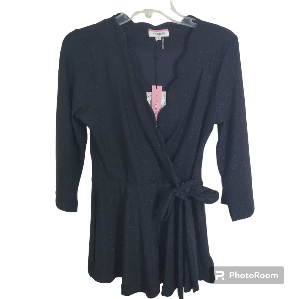 NWT Andree by Unit Black Metallic Sparkly Faux Wrap Top Small Whimsigoth Fairy
